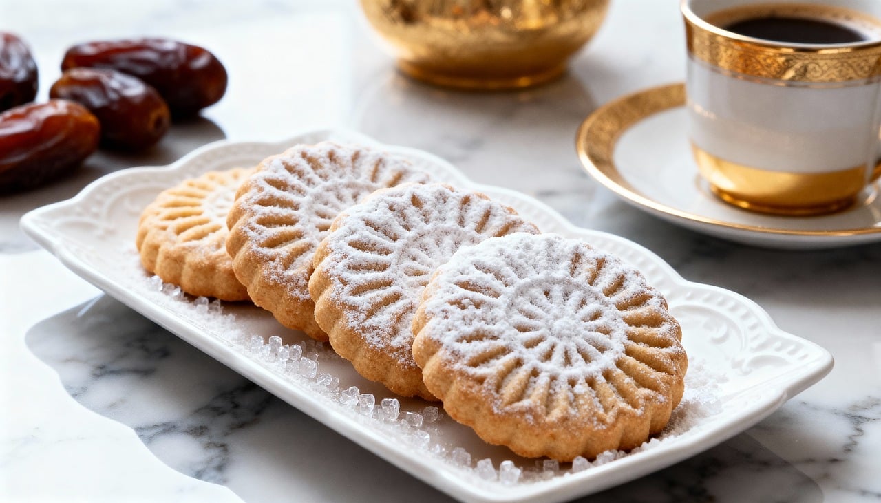 Ma’amoul cookies dusted with icing sugar served with dates and Arabic coffee